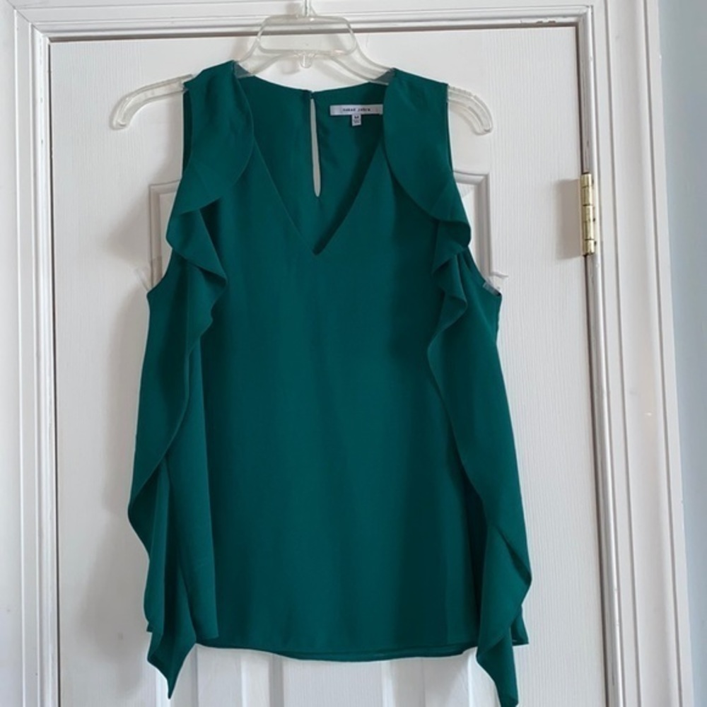Naked Zebra dark green V-Neck Ruffle sides Blouse sz M flowy great4 date work
